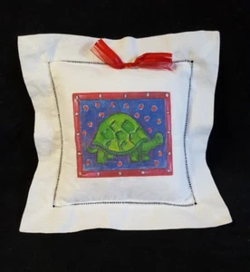 Turtle Pillow Linen Off White Red Bow Removable Cover Design Both Sides Small 7" - Picture 1 of 7