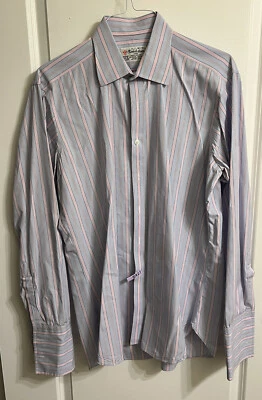 Turnbull & Asser эксклюзивный мужской платье рубашка 16,5-42 синий розовый в полоску на пуговицах - Изображение 1 из 4