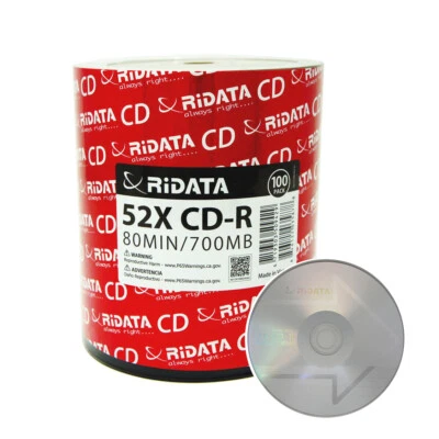 100 Ridata CD-R 52X 700MB/80Min Branded Silver Logo Blank Media Recordable Disc - Image 1 of 3