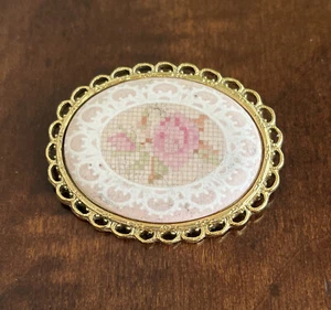 1928 Brand Brooch Gold Tone Porcelain Needlepoint Rose Flower Pin - Picture 1 of 7