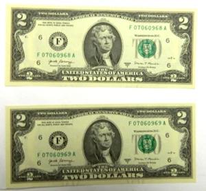 US 2 DOLLAR BILL UNCIRCULATED SEQUENTIAL(2) MIXED BROKEN LADDER (07060968-9) t58 - Picture 1 of 5