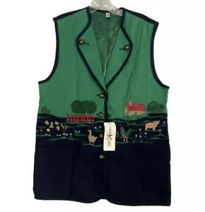 VTG Linen Embroidered Vest Farm XL 90s Y2K Blue Green Women's 38 Size 6 US NWT - Picture 1 of 12