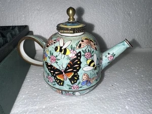 Vintage Kelvin Chen 1999 Miniatur Emaille Kupfer Teekanne Schmetterling und Insekten - Bild 1 von 7