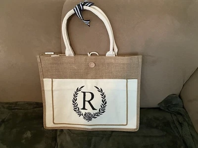 Bolso de playa de lona inicial personalizado, bolso de regalo con monograma - letra R-yute Foto 1 de 4