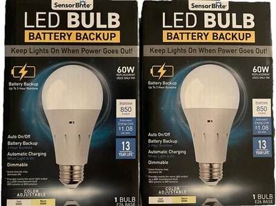 2 LED Light Bulbs Sensor Brite w/Rechargable Back Up Battery 60w E26 Base Sealed - Image 1 of 4