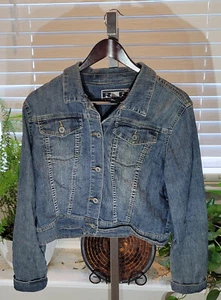 R4R Jean Faux Denim Blend Navy Blue Acid Wash Jacket Ladies Size L Large - Picture 1 of 3