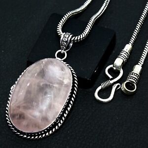 Natural Rose Quartz Oval Gemstone Handmade Pendant Solid 925 Silver Gift Jewelry