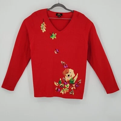Womens Red Casual Festive Long Sleeve Sweater Sequin Embellishments Leaves Puppy - Image 1 of 4