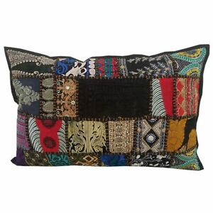 Vintage Patchwork Cushion Cover 16"x24" Decorative Indian Embroidery Boho Pillow