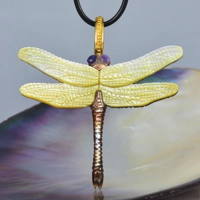 Dragonfly Pendant Carved Multicolor Shell & Gold Vermeil Sterling Silver 7.03g - Image 1 of 4