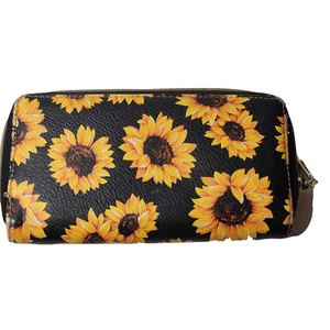 PVC Zippered Clutch Purse Wallet Card Holder Yellow Sunflowers Floral 8" Black - Picture 1 of 9