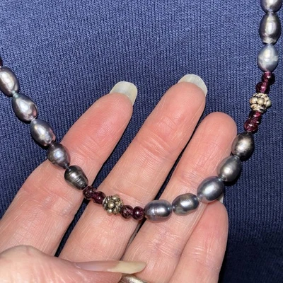 Antigo Pavão Taitiano Genuíno Pérola Granada Contas Colar Multi-fios 925 - Imagem 1 de 4