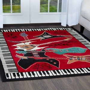 Musical Instrument Piano Key Bordered Red Area Rug Guitar Music Notes Carpet - Picture 1 of 14