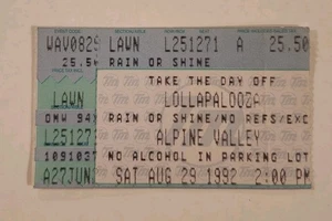 Lollapalooza, Ticket Stub, 29 agosto 1992, Alpine Valley Wisconsin Lawn - Foto 1 di 2