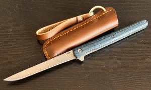 Slim Pocket Knife Blue Wood Handle Razor Sharp M390 Steel CEO Leather Sheath - Picture 1 of 5