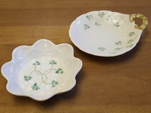 LOT~2 Belleek Ireland Shamrock Butter Dish Handle Plate Candy Sweet Trinket Bowl - Picture 1 of 14