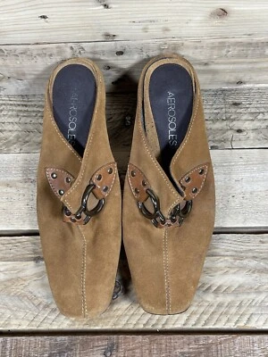 Aerosoles Brown Leather Women 6B Mule Bootie Chain 3” Kitten Heel Tan Suede Shoe - Image 1 of 4