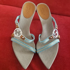 GUCCI Sandals Heel GG Canvas & Leather Strap Silver EU34.5/US4.5 20214c - Picture 1 of 16