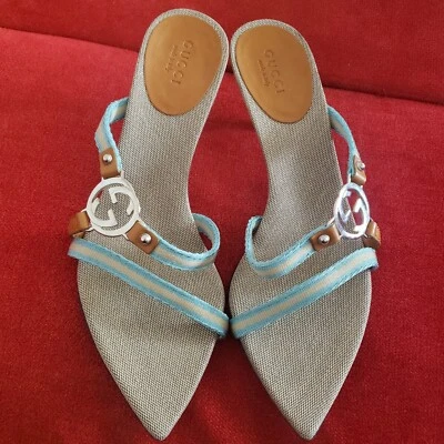 GUCCI Sandals Heel GG Canvas & Leather Strap Silver EU34.5/US4.5 20214c - Image 1 of 4