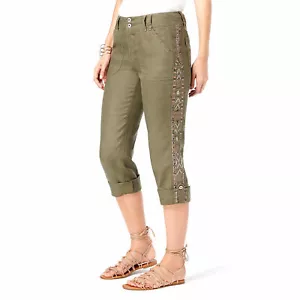 INC INTERNATIONAL CONCEPTS Size 6 Linen Embroidered Curvy-Fit Pants OLIVE - Picture 1 of 2