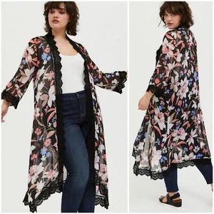 Torrid Black Floral Crochet Trim Long Kimono Top Cover-Up Size 1X-2X (14-20) - Picture 1 of 14