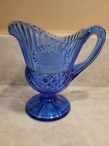 Vintage Fostoria Cobalt Blue Cut Glass Mini Pitcher With Medallion - Picture 1 of 7