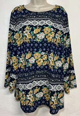 全新带标签 Charter Club 2X 衬衫经典混色蓝色黄色花卉长袖束腰外衣  — 第 1/4 张图片