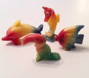 Set Of 4 Hand carved Stone Multi Colored Dolphin, Seahorse, Fish, Tucane - Picture 1 of 6