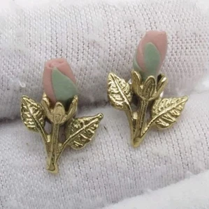 Dainty Flower Stud Earrings Pink Rose Polymer Clay Gold Tone Cute Coquette - Picture 1 of 12