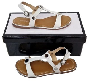 NINE WEST Faith Ladies White Gold Studded Strappy Flat Leather Shoes MRRP £79 - Picture 1 of 8