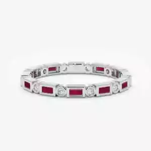 Pink Ruby With White Moissanites In Real 950 Platinum Wedding Women's Band - Picture 1 of 5
