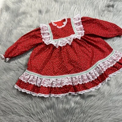 Vestido Vintage Bryan Bebé Niñas Navidad Rojo Floral Encaje Borde Volantes Foto 1 de 4