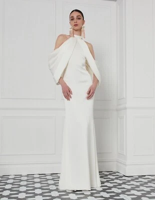 BADGLEY MISCHKA Cold Shoulder Draped Gown Mock Collar IVORY sz 12 BRIDAL $990 - Image 1 of 4