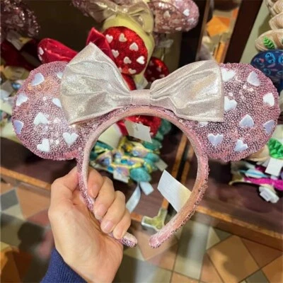 Disney- Parks Pink Sequin White Heart Minnie Mouse Ears Bow Headband Disneyland - Image 1 of 4