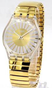 New Swiss Swatch Rayon De Soleil Gold Tone Steel Stretch Watch GE248A 34mm $100 - Picture 1 of 5