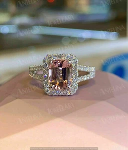 2.50Ct Simulated Morganite Emerald Engagement Ring 925 Rose Gold Plated Silver - Picture 1 of 10