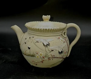 Antique Meiji Period Hand Crafted Teapot Moriage Cranes Floral - Picture 1 of 24