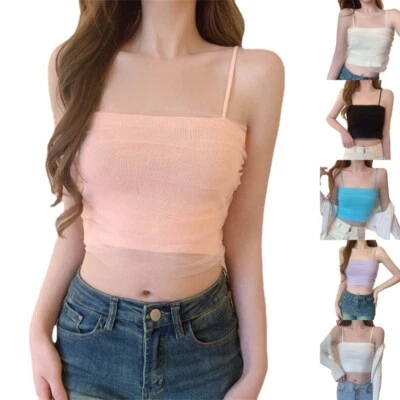 Women Summer Bodycon Crop Tube Top Spaghetti Strap Solid Ribbed Mesh Camisole - Image 1 of 4
