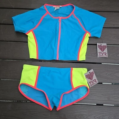 TYR Mujer 2 Piezas Cremallera Top y Boyshorts Bikini Neón/Azul Talla S Nueva Muestra Foto 1 de 2
