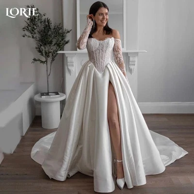  Lace Wedding Dress Sweetheart Split A-line Bride Gown Long Sleeve Customized - Image 1 of 4