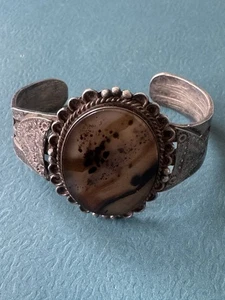 Antique Navajo .925 Sterling Silver & Moss Agate Cuff Bracelet  54 gr - Picture 1 of 18