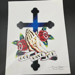Vintage Kunst Tattoo Flash Art Blatt Hände, Kreuz, Rosen von Bryan Zellner 14 x 11 - Bild 1 von 5