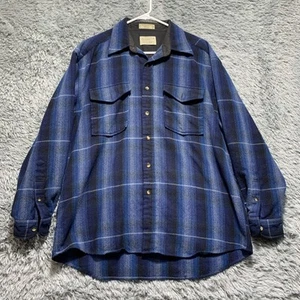 Pendleton Mens Sz L Outdoor Shirt Washable 100% Wool Blue Black Plaid Button Up - Picture 1 of 6