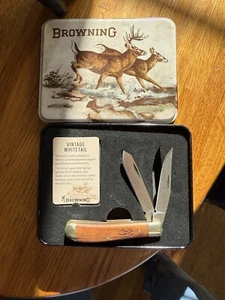 Browning 2 Blade Folding Pocket Knife Vintage Whitetail With Tin - Picture 1 of 13