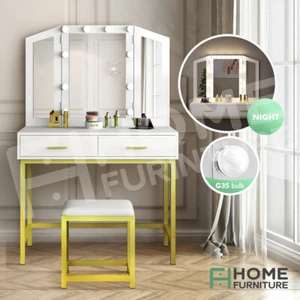 Corner Dressing Table With Mirror Stool Set LED Light Makeup Vanity Desk White - Picture 1 of 12