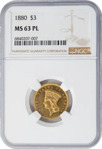 1880 $3 Gold Indian MS63 PL Proof Like NGC 949650-52 - Picture 1 of 4