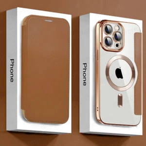 Flip Magnetic Plating Card Slot Clear Case For iPhone 16 Pro 15 14 13 12 Cover - Picture 1 of 19