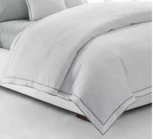 Ralph Lauren Organic Cotton Sateen Border Queen Duvet Cover White / Sage  New - Picture 1 of 7