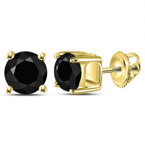 2.00cttw Round Black Diamond Solitaire Mens Stud Earrings 10k Yellow Gold - Picture 1 of 1