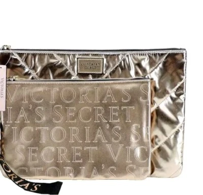 Victoria's Secret 2 Piezas Bolso de Maquillaje Metálico Dorado Rosa Bolsa con Cremallera Foto 1 de 4